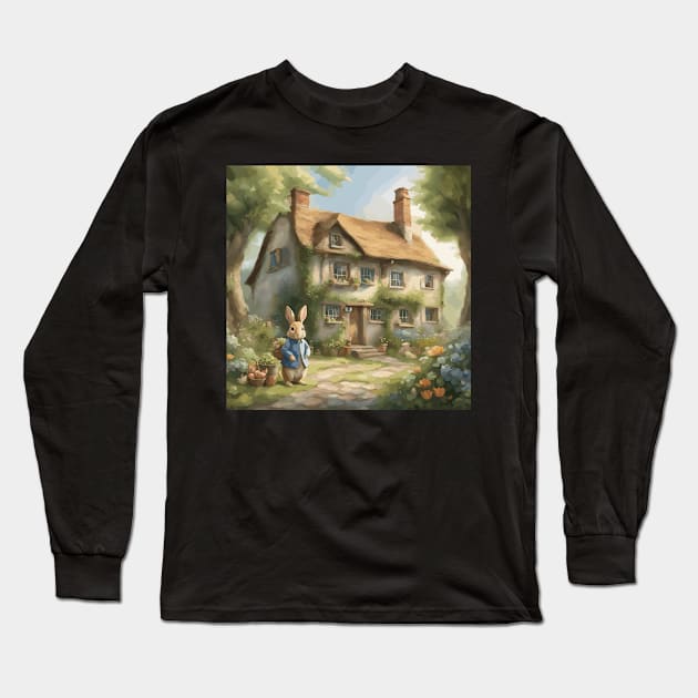 Whimsical Rabbit Cottage Long Sleeve T-Shirt by Souls.Print